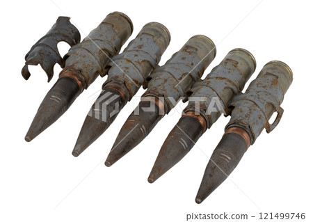 Ammunition belt with 30 mm armor piecing rounds for automatic canon for infantry fighting vehicle BMP-2 used by the former Soviet Union. Isolated on white. 121499746