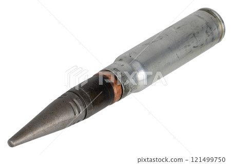 30 mm armor piecing round for automatic canon from infantry fighting vehicle BMP-2 used by the former Soviet Union. Isolated on white. 30 mm armor piecing round for automatic canon from infantry fighting vehicle BMP-2 used by the former Soviet Union. Isolated on white. 121499750