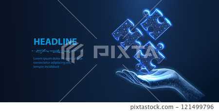 Three puzzles on blue. Digital solution, partners cooperate, matching solution concept. Three puzzles on blue. Digital solution, partners cooperate, matching solution concept. 121499796