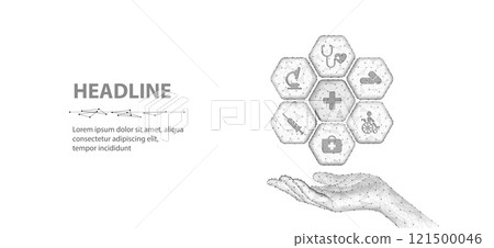 Healthcare system. Medical icons on hexagons and hand 121500046