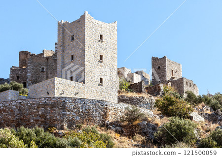 Stone old tower house on Mani, Greece. Stone old tower house on Mani, Greece. 121500059
