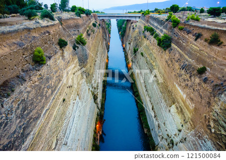 View of Corinth Canal with bridge, Greece View of Corinth Canal with bridge, Greece 121500084