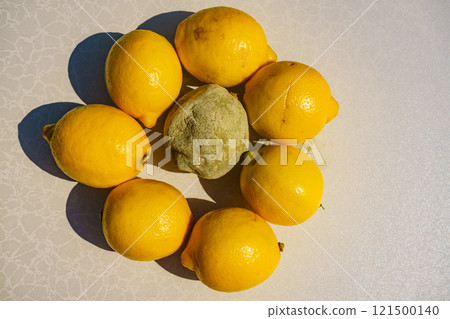 Healthy and rotten lemon fruits Healthy and rotten lemon fruits 121500140