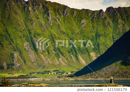 Gimsoy lighthouse on sea rocks, Lofoten Norway. Gimsoy lighthouse on sea rocks, Lofoten Norway. 121500179