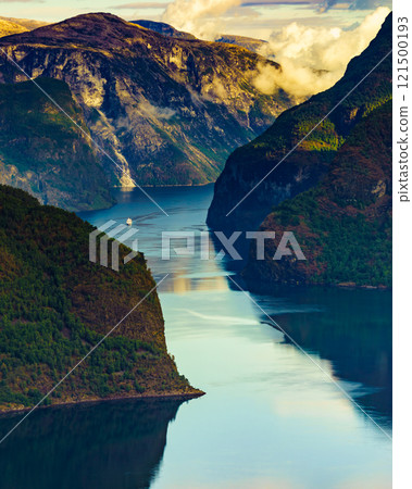 Fjord landscape Aurlandsfjord in Norway 121500193