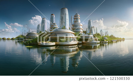 A futuristic city with tall buildings 121500330