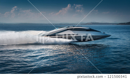 A boat is speeding through the water, leaving a trail of white foam behind it A boat is speeding through the water, leaving a trail of white foam behind it 121500341