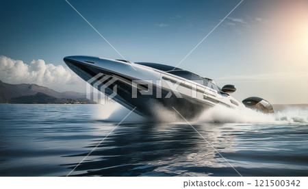 A boat is speeding through the water, leaving a trail of white foam behind it 121500342