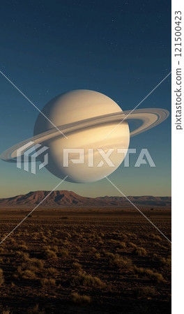 土星漂浮在藍天和地平線上 121500423