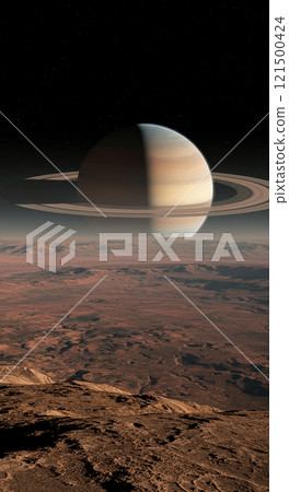 土星及其光環在乾燥的地平線和稀薄的大氣層之外可見 121500424