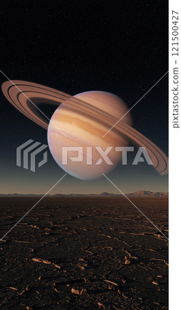 巨大的土星及其環在生鏽的地球之外可見 121500427