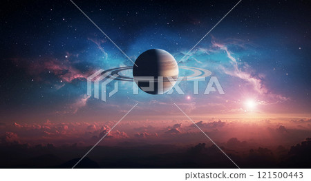 夢幻般的景觀，土星漂浮在背景中的美麗星雲上 121500443
