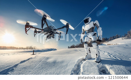 A man in a white suit stands in the snow next to a drone 121500644