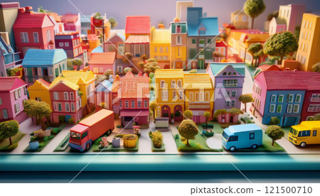 A colorful cityscape with a variety of buildings and vehicles A colorful cityscape with a variety of buildings and vehicles 121500710