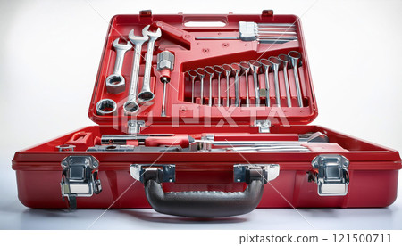 A red toolbox with a variety of tools inside 121500711