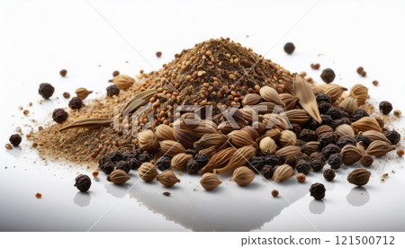 A pile of spices including black pepper, cumin, and coriander A pile of spices including black pepper, cumin, and coriander 121500712