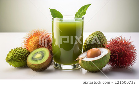 A glass of green juice is on a table with a bunch of fruit, including a kiwi 121500732