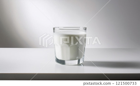 A glass of milk is sitting on a table 121500733