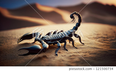 A large black scorpion is on the sand 121500734