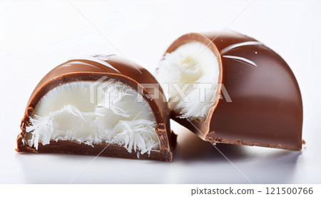 A chocolate dessert with a white filling is shown with the white filling visible 121500766