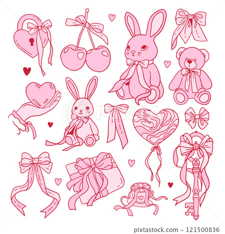 Coquette Valentines day elements set decorated with coquette bows, ribbons. Love letter, lock with key, teddy, bunny, balloon. Elegant vintage gifts with bow. Hand drawn line art vector illustrations Coquette Valentines day elements set decorated with coquette bows, ribbons. Love letter, lock with key, teddy, bunny, balloon. Elegant vintage gifts with bow. Hand drawn line art vector illustrations 121500836