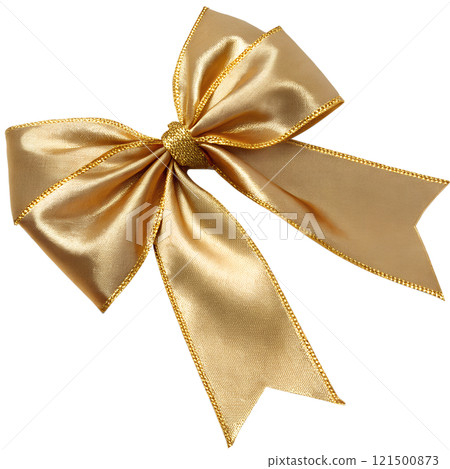 Golden atlas ribbon bow isolated on the transparent background. Festive decoration element 121500873
