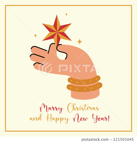 New Year holidays greeting card cartoon template. Christmas holiday invitation. Illustration with xmas star New Year holidays greeting card cartoon template. Christmas holiday invitation. Illustration with xmas star 121501045