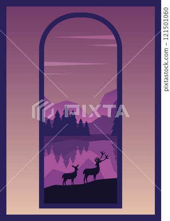 Deer standing on the hill in night valley. Christmas winter celebration illustration 121501060