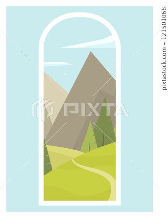 Rural landscape view with spring meadow. Mountains with clouds 2d flat art. Alpine fields 121501068