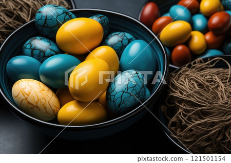 Plate with painted Easter eggs on light background 121501154