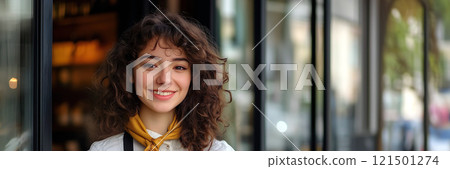 Smiling young woman with curly hair and a yellow scarf stepping out of a store on blurred urban background 121501274