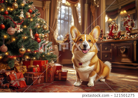 Adorable corgi dog sitting beside a decorated Christmas tree with sparkling ornaments and wrapped gifts. Festive interior on the eve of New Year celebration 121501275