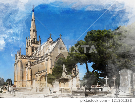 Watercolor depiction of the Santa Maria Chapel surrounded by greenery under a bright blue sky, evoking a serene and historical atmosphere Watercolor depiction of the Santa Maria Chapel surrounded by greenery under a bright blue sky, evoking a serene and historical atmosphere 121501328