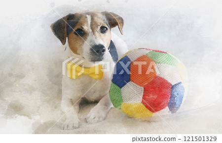 Watercolor illustration of jack russell dog wearing yellow bow tie, lying next to colorful ball on soft, light-toned background Watercolor illustration of jack russell dog wearing yellow bow tie, lying next to colorful ball on soft, light-toned background 121501329