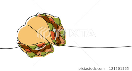 Hand holding grilled taco one line colored continuous drawing. Traditional Mexican street fast food. Vector linear illustration. 121501365