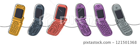 Retro phones one line colored continuous drawing. Set of flip mobile phones. Vector linear illustration. 121501368