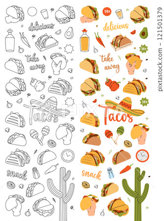 Tacos elements in vertical banner. Tacos with meat, vegetable and tortilla. Mexican cuisine restaurant food. Vector illustration Tacos elements in vertical banner. Tacos with meat, vegetable and tortilla. Mexican cuisine restaurant food. Vector illustration 121501379