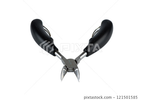 Open manicure side cutters with black handles on a white background. Open manicure side cutters with black handles on a white background. 121501585