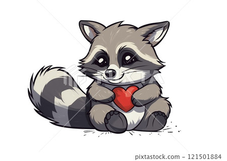 Cute pretty raccoon baby with red heart for birthday gift or valentine's day greeting card 121501884