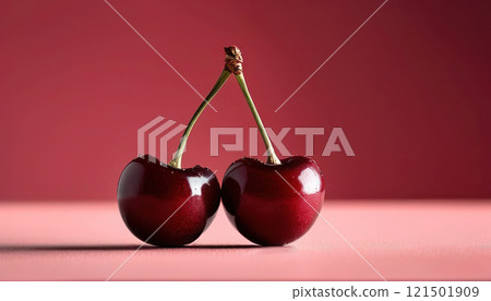 Two vibrant red cherries isolated on dark cherry colour backdrop. 121501909