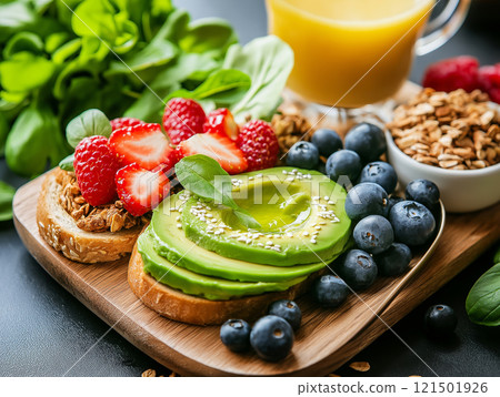 Healthy breakfast with avocado toast, strawberries, blueberries Healthy breakfast with avocado toast, strawberries, blueberries 121501926