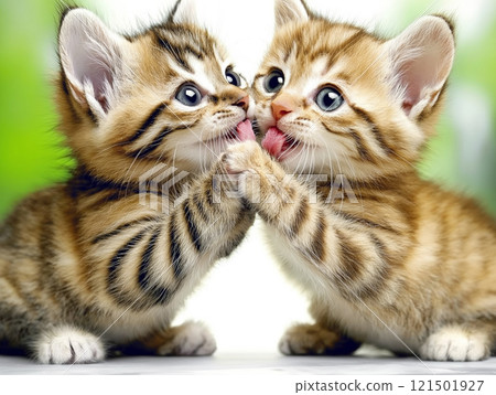 Two adorable kittens playing and licking each other Two adorable kittens playing and licking each other 121501927