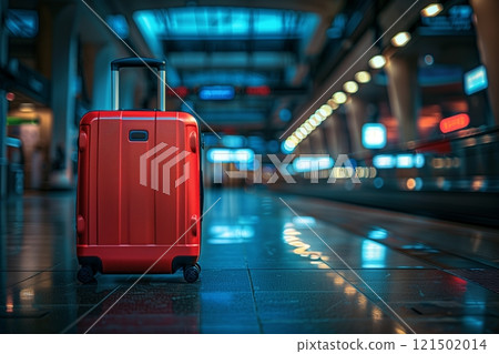 A vibrant red suitcase sits in an empty airport terminal, symbolizing adventure and exploration. 121502014