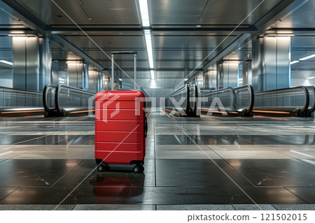 A vibrant red suitcase stands alone in a modern airport terminal, symbolizing adventure and journey. 121502015