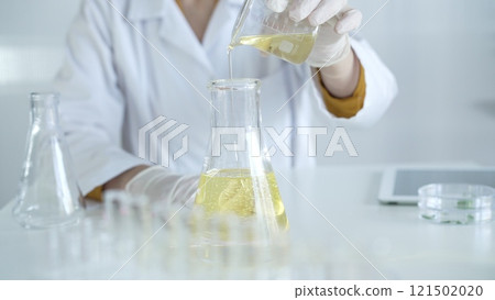 A scientist, wearing a lab coat and white protective gloves, is pouring a yellow oily liquid from one beaker to another in laboratory, close up. Medicine and science concept A scientist, wearing a lab coat and white protective gloves, is pouring a yellow oily liquid from one beaker to another in laboratory, close up. Medicine and science concept 121502020