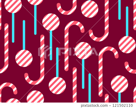 Christmas candy canes seamless pattern. Striped candy cane and lollipop. Festive Christmas sweets. Design for wallpapers, covers, wrappers and banners. Vector illustration 121502110