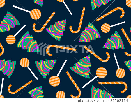Seamless pattern with decorated Christmas trees and candy canes. Christmas tree decorated with garland, Christmas balls and festive sweets and lollipops. Symbol of the New Year. Vector illustration 121502114