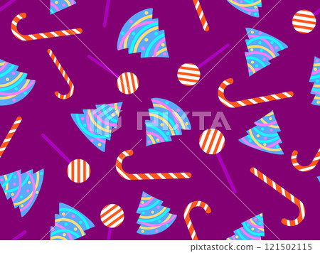 Seamless pattern with decorated Christmas trees and candy canes. Christmas tree decorated with garland, Christmas balls and festive sweets and lollipops. Symbol of the New Year. Vector illustration 121502115