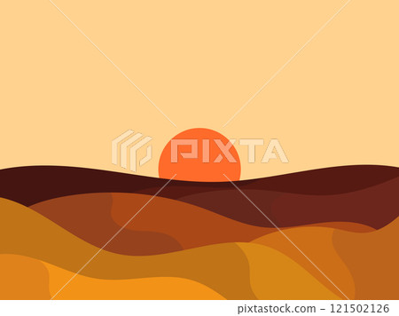 Mountain landscape in a minimalist style, rocks and canyons. Wavy landscape with the sun on the horizon. Boho decor for print, poster and interior design. Modern mid-century decor. Vector illustration 121502126