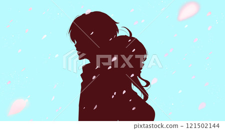 男人和女人背靠背,櫻花暴風雪,剪影 男人和女人背靠背,櫻花暴風雪,剪影 121502144